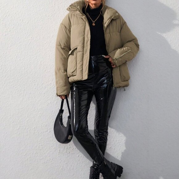 Khaki Casual Women's Loose Stand Collar Padded Puffer Coat